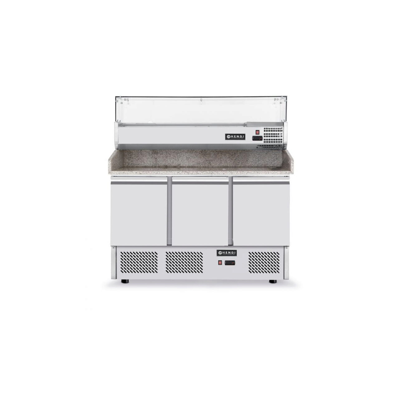 12589739_BIG.jpg Masa frigorifica cu 3 usi, pentru pizza, cu vitrina ingrediente cu 6 tavi GN 1/4, 270+170 W, ARKTIC by Hendi, 140x70x(H)144.5 cm - Image 1