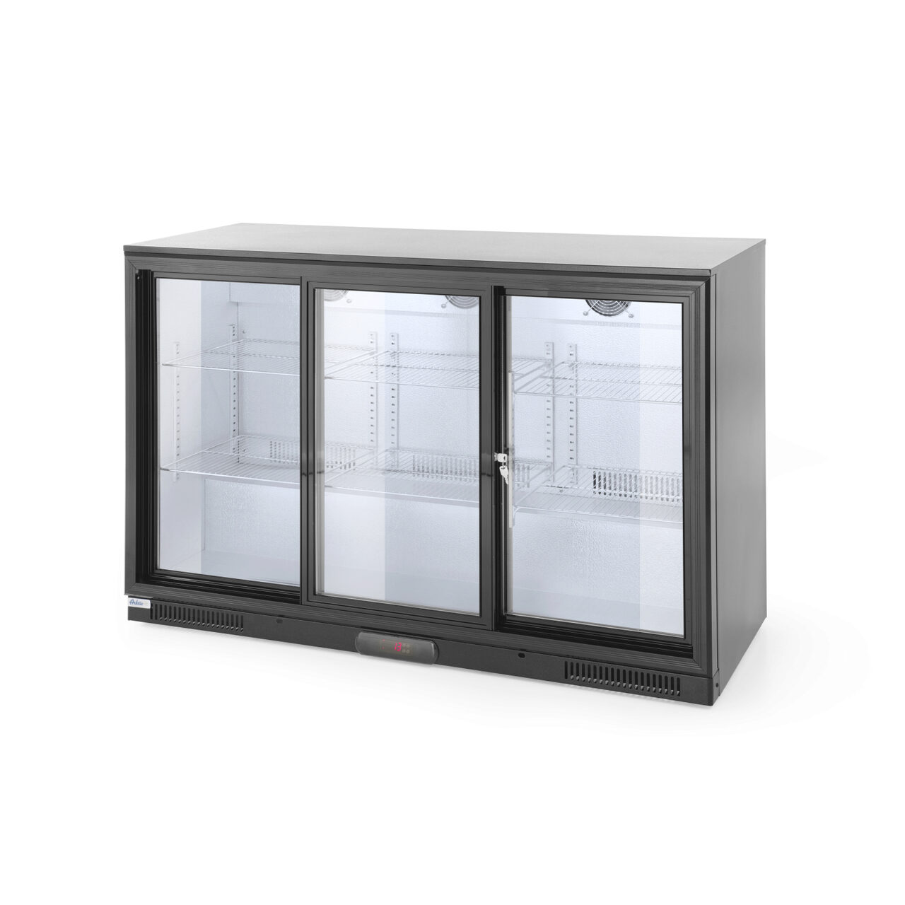 12589840_BIG.jpg Vitrina frigorifica de prezentare 3 usi glisante interval temperatura 2/10?C, 300 W, corp inox, ARKTIC by Hendi, 1335x500x(h)900 mm 338 Litri, Clasa energetica E - Image 1