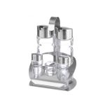 Oliviera solida / Set condimente 5 piese, Hendi, suport inox, recipiente sticla pt sare, piper, scobitori, ulei, otet