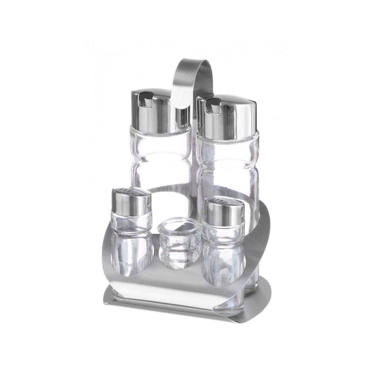 12590340_BIG.jpg Oliviera solida / Set condimente 5 piese, Hendi, suport inox, recipiente sticla pt sare, piper, scobitori, ulei, otet - Image 1