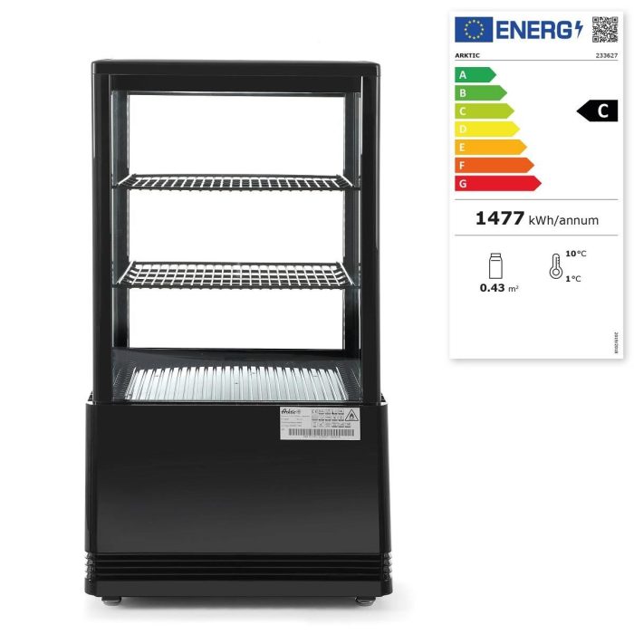 Vitrina rece pt prezentare, neagra, 58 lt, interval temp. 2-6 gr C, 170 W, 2 rafturi reglabile pe inaltime, ARKTIC by Hendi, 452x406x(H)816 mm, Clasa energetica C - Image 8