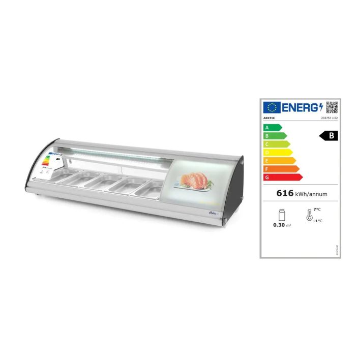 Vitrina sushi, 63 lt, pt 5 tavi GN1/3, interval temp 0-6 gr C, 160 W, geamuri glisante, corp inox, ARKTIC by Hendi, 1307x450x(H)330 mm - Image 10