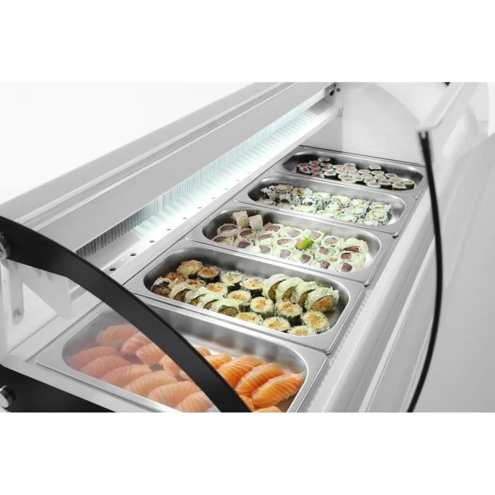 Vitrina sushi, 63 lt, pt 5 tavi GN1/3, interval temp 0-6 gr C, 160 W, geamuri glisante, corp inox, ARKTIC by Hendi, 1307x450x(H)330 mm - Image 12